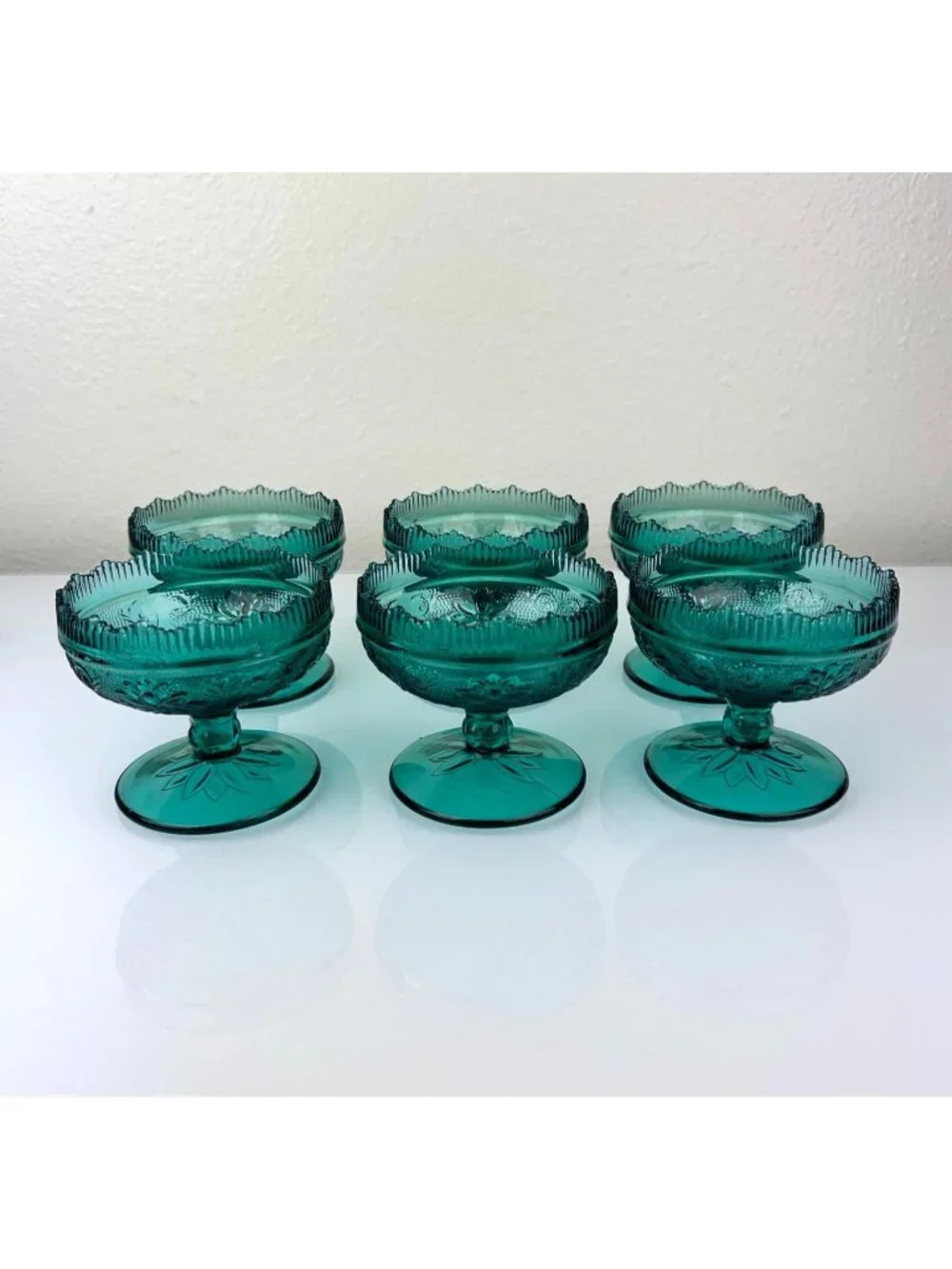 Tiara Indiana Green Glass Spruce Sherbet Compote Pedestal Bowls Cups Set of 6